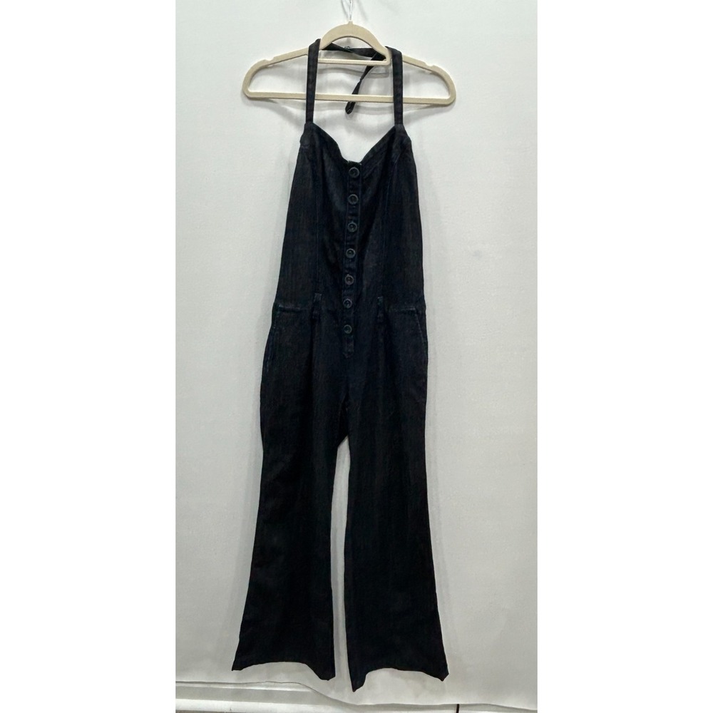 7 For All Mankind Denim Jumpsuit Womens 28 Wide Leg Button Front Halter